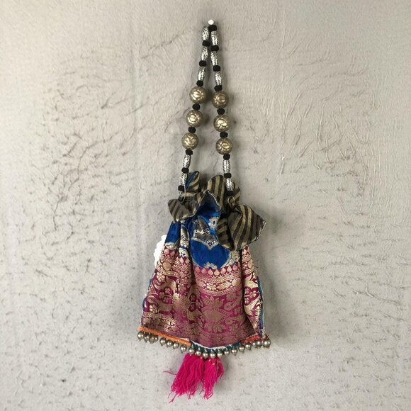 Consuela Bag Womens Blue Pink Drawstring Pouch Beaded Strap Tassel Boho Mirror - Picture 2 of 16